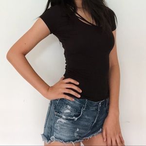 Ribbed Black Top With Cross-Over Detailing